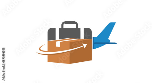 Travel luggage with airplane taking off.