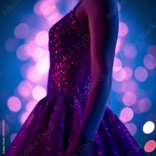 Young woman in shimmering purple dress with bokeh lights background  