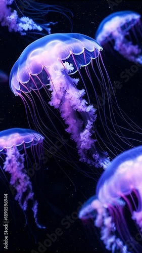Colorful jellyfish swimming gracefully in dark ocean water  