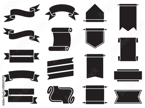 Set of ribbons and banners illustrations in black, with varying shapes and designs. Perfect for conveying a sense of formality, announcement or celebration.