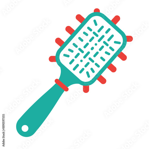 A teal hairbrush with red bristles is shown against a white background.
