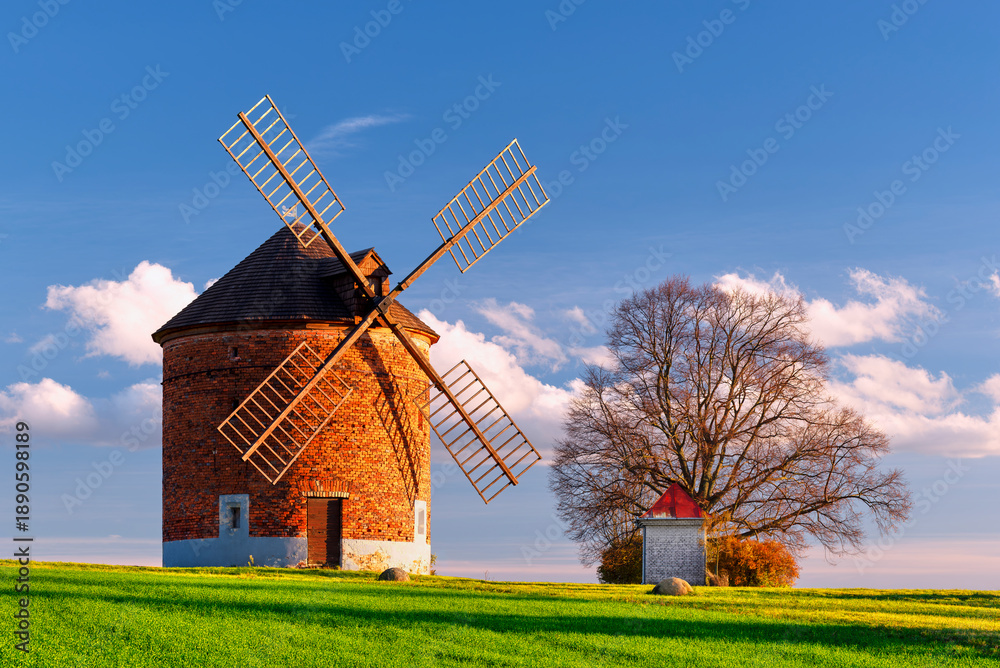 Obraz premium Windmill, a beautiful landscape landmark in Chvalkovice in South Moravia before autumn sunset
