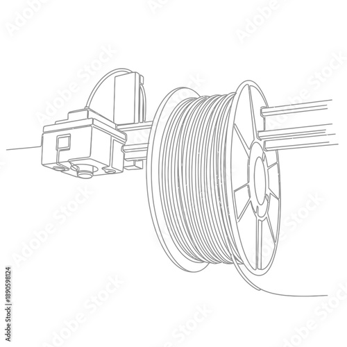 3D Printer Filament Spool and Extruder Head Continuous Line Art. FDM Technology Outline Drawing Vector.