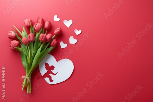 Valentine's Day greeting card celebration with tulips and carved cupid on white paper, and paper heart decorations on a red background. Concept of Saint Valentine's Day