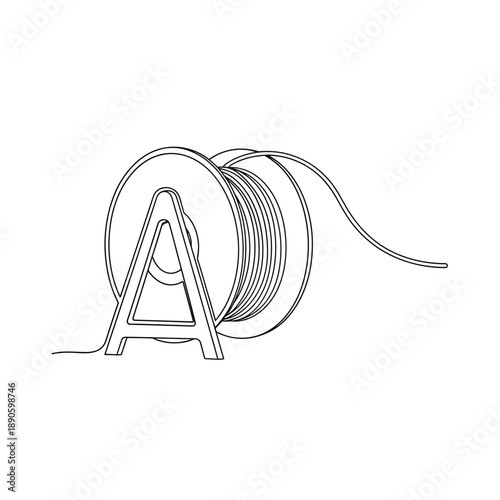 3D Printer Filament Spool Continuous One Line Drawing. Outline Art Icon for Additive Manufacturing, DIY Technology, and Engineering Supplies.