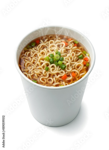 Steaming hot instant noodles in a white paper cup with vegetables