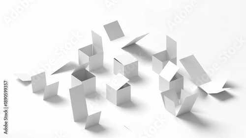 Abstract Minimalist White Cubes folding, assembly process 3D animation for motion graphics, logistics packaging, and geometric visualization concepts