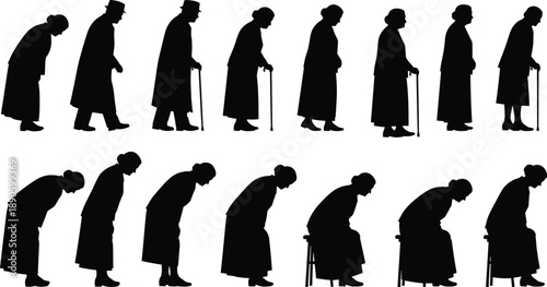 Collection of elderly people silhouettes showing various senior citizen poses including walking with canes, bending, sitting, and retired lifestyle activities.
