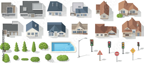 Top View Landscape Elements Set with Houses, Trees, Pools