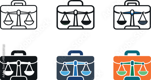 Balanced Commerce Icons. Integrity centered commerce symbol portraying a balanced scale combined with a briefcase shape to suggest