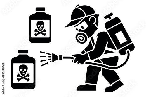 A worker in protective gear spraying a toxic substance from a bottle with a skull and crossbones symbol.