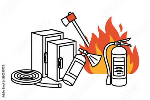 A fire safety illustration featuring a fire extinguisher, hose, and axe near a burning fire.