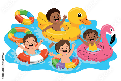 Children playing in a pool with colorful inflatable toys on a sunny day