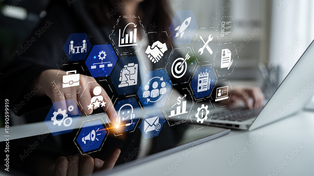 Fototapeta premium CRM platforms improve customer relationships through data analysis, CRM communication tools, and automation. CRM systems support customer management, tracking, and CRM relationship success. Entice
