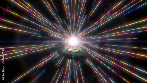 Fotografie Futuristic UFO traveling through hyperspace tunnel with radiant energy, perfect