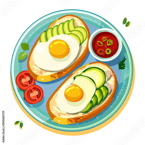 Toasted bread topped with fried eggs and avocado slices served on a blue plate - Vector Illustration