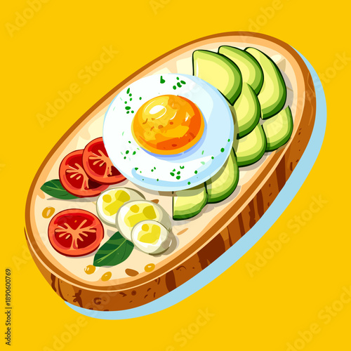 Sliced bread topped with avocado and fried eggs for a popular nutritious breakfast meal - Vector Illustration