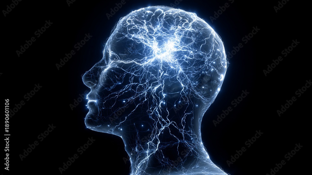 Obraz premium A glowing blue human head with lightning inside the brain on a black background