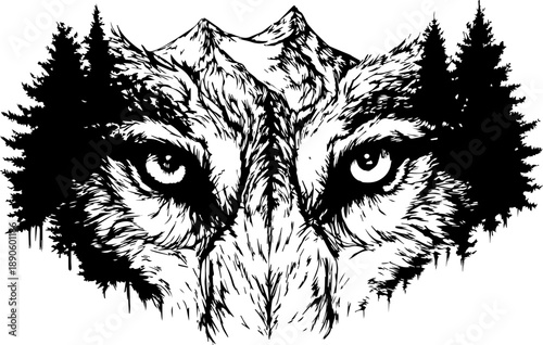 Wolf Double Exposure With Forest and Mountains, Black and White Xerography Wildlife Illustration in Engraving Style