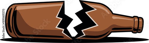 A broken brown glass bottle lying on its side with a large crack down the middle.