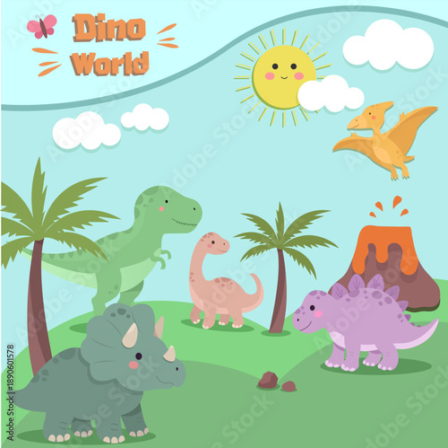Tableau sur toile Dino World cute Illustration for Kids