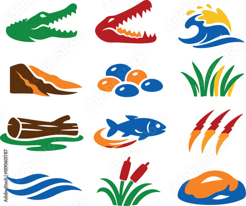 Image Generation. Two-Color vector icons of riverbank predators: crocodile silhouette, gaping jaw, ripple crest, mud slope, pebble