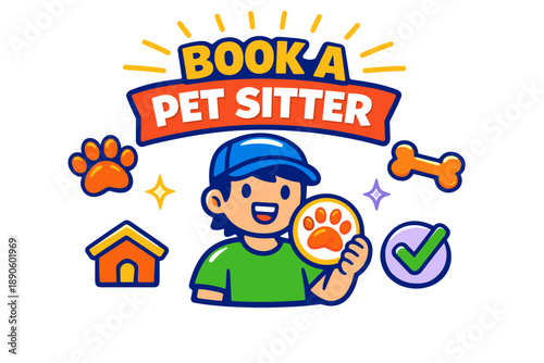 Cartoon character promoting pet sitting service with paw print and pet icons