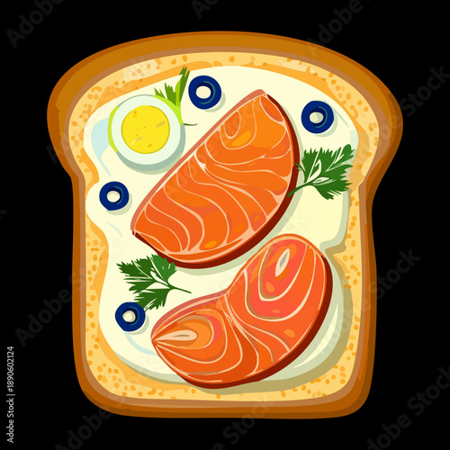 Gourmet toast with smoked salmon slices hard boiled eggs and fresh herbs for luxury brunch - Vector Illustration