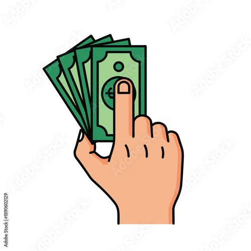 Hand Holding Cash Money Banknotes Illustration: Payment, Earning, and Finance Concept Icon in Flat Cartoon Style