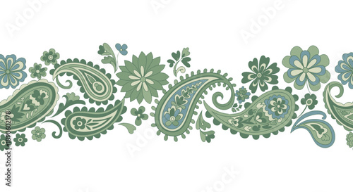 Decorative green paisley and floral pattern on white background.
