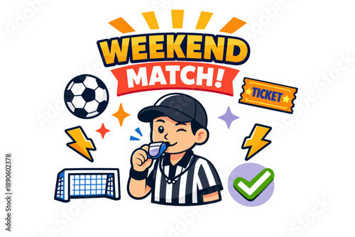 Cartoon soccer referee blowing whistle with match elements for weekend game