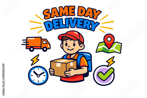 Cartoon male delivery worker with parcel for fast same day service