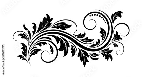 Elegant black floral decorative element with swirling leaves and vines.