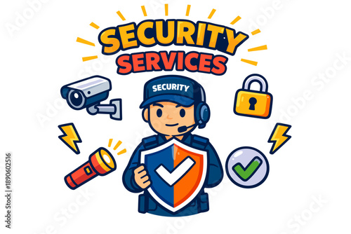 Cartoon security guard holding shield with camera and lock icons