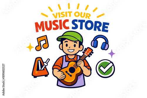 Smiling young male holding guitar in music store clipart with instruments and accessories