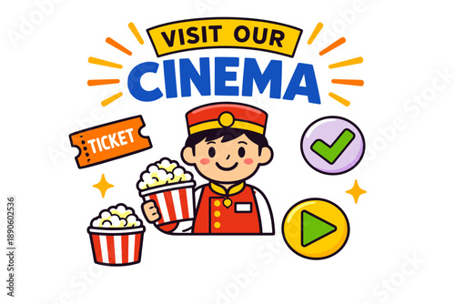 Cartoon cinema usher with popcorn and movie icons