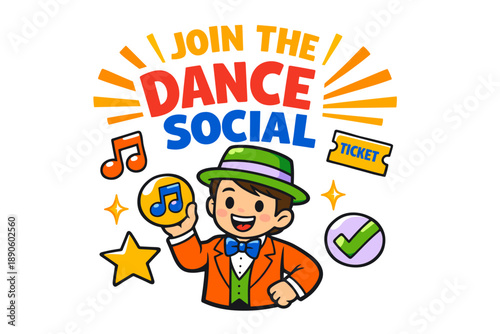 Join the dance social: cartoon character invitation with music and fun elements