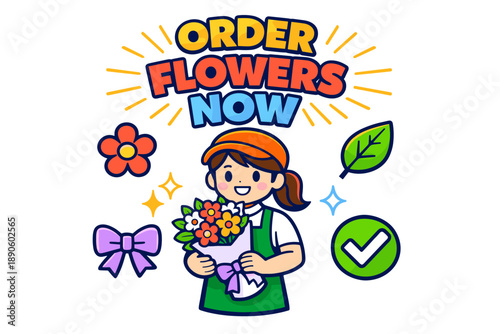 Female florist holding bouquet in colorful flower shop advertisement