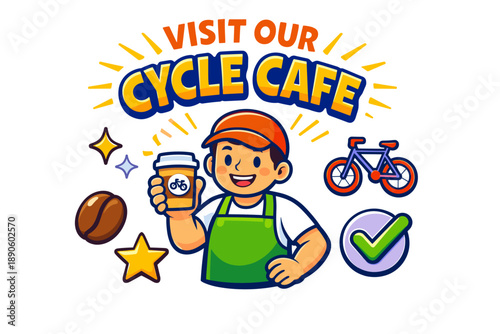 Friendly cafe mascot promoting cycle cafe with coffee and bike iconography