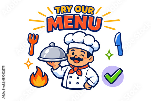 Cartoon chef serving dish with cooking utensils and menu sign