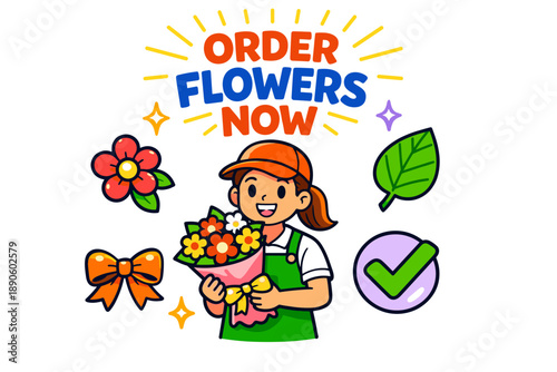 Order flowers now: cheerful female florist holding colorful bouquet