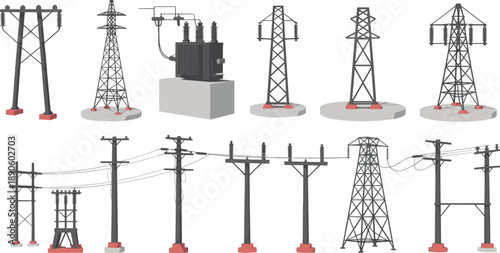 Electrical power transmission towers and utility poles set, transformers insulators pylons, high voltage energy infrastructure, isolated industrial equipment illustration