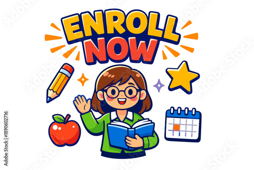 Cartoon student with book and educational elements promoting enrollment