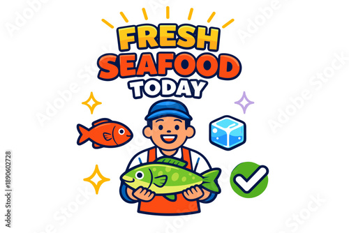 Smiling male fisherman with fresh fish and seafood icons
