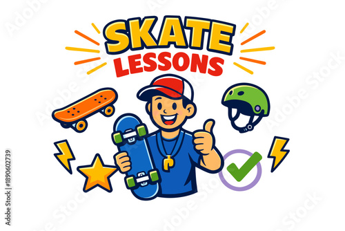 Cartoon skateboard instructor offering lessons with gear for beginners