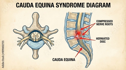 Medical diagram showing cauda equina syndrome and spinal nerve compression