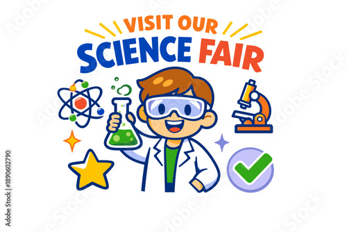Visit our science fair: cartoon child scientist with experiments