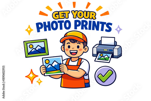 Cartoon boy promoting photo prints with frames and printer graphics