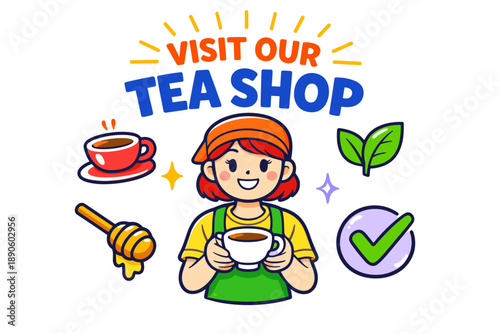 Smiling girl promoting tea shop with cup and tea icons