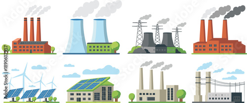 Industrial and renewable energy illustration set, power plants factories cooling towers transmission lines, solar wind electricity generation, environmental industry design